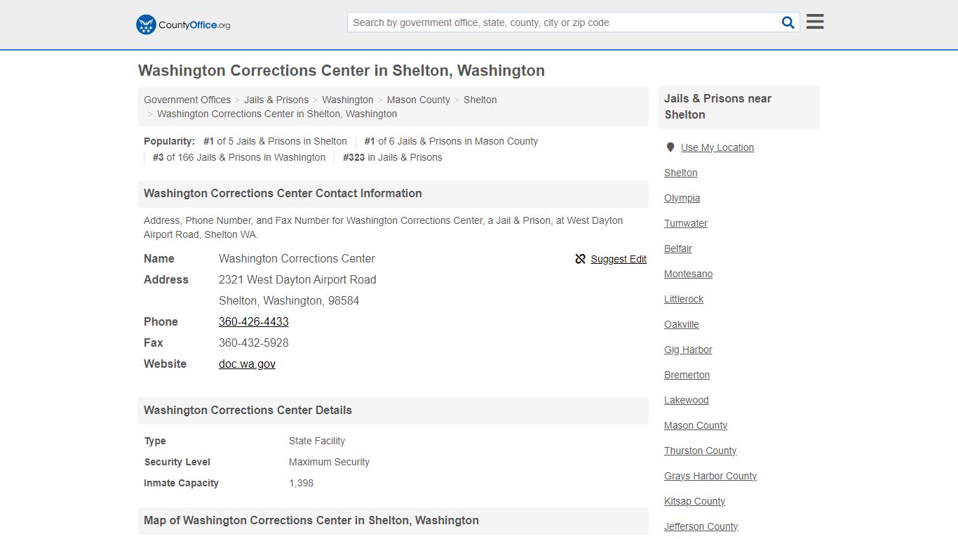 Washington Corrections Center in Shelton, Washington - County Office